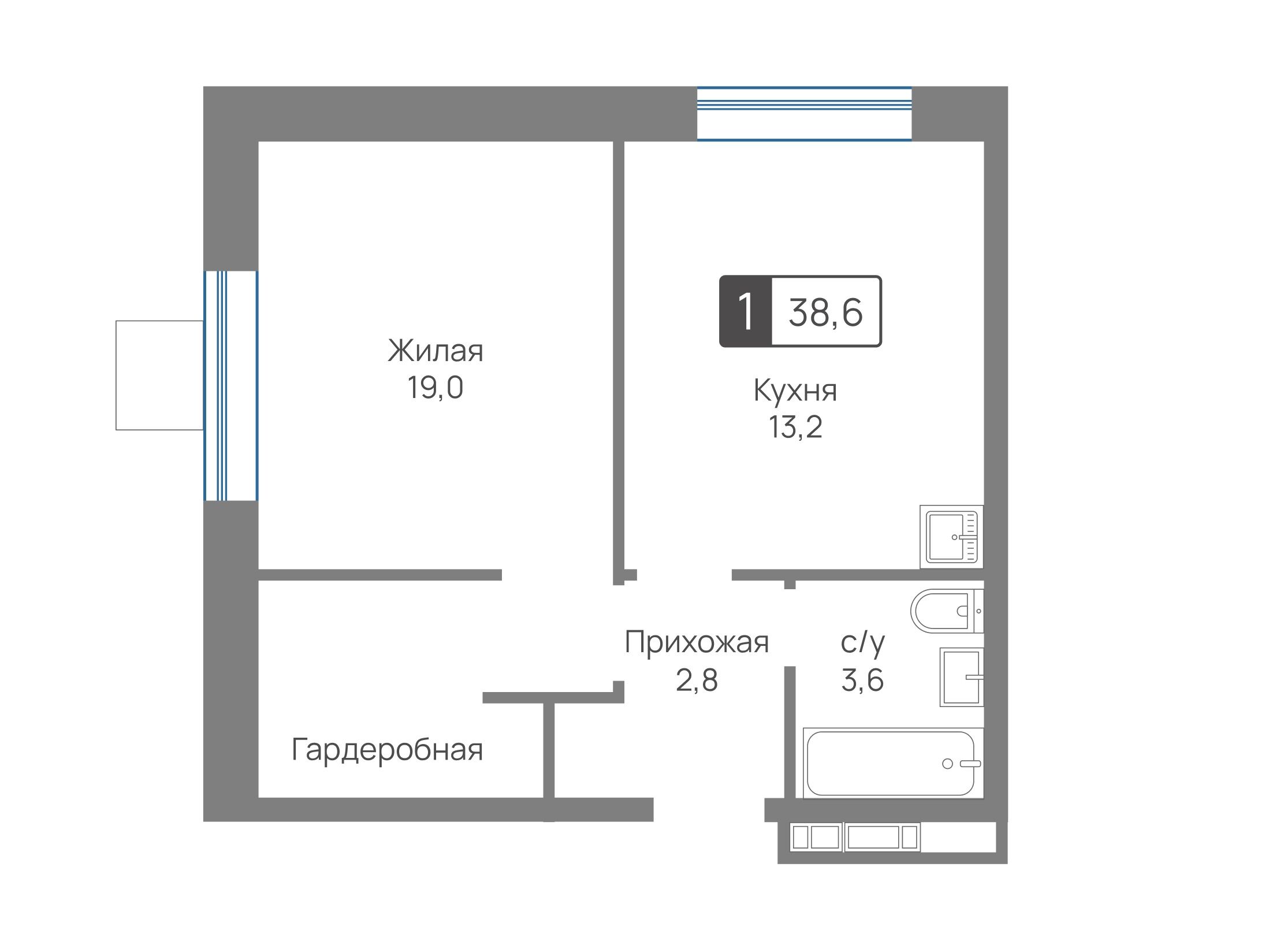 Планировка: 1-комн. квартира 38.60 м² в новостройке Отрада
