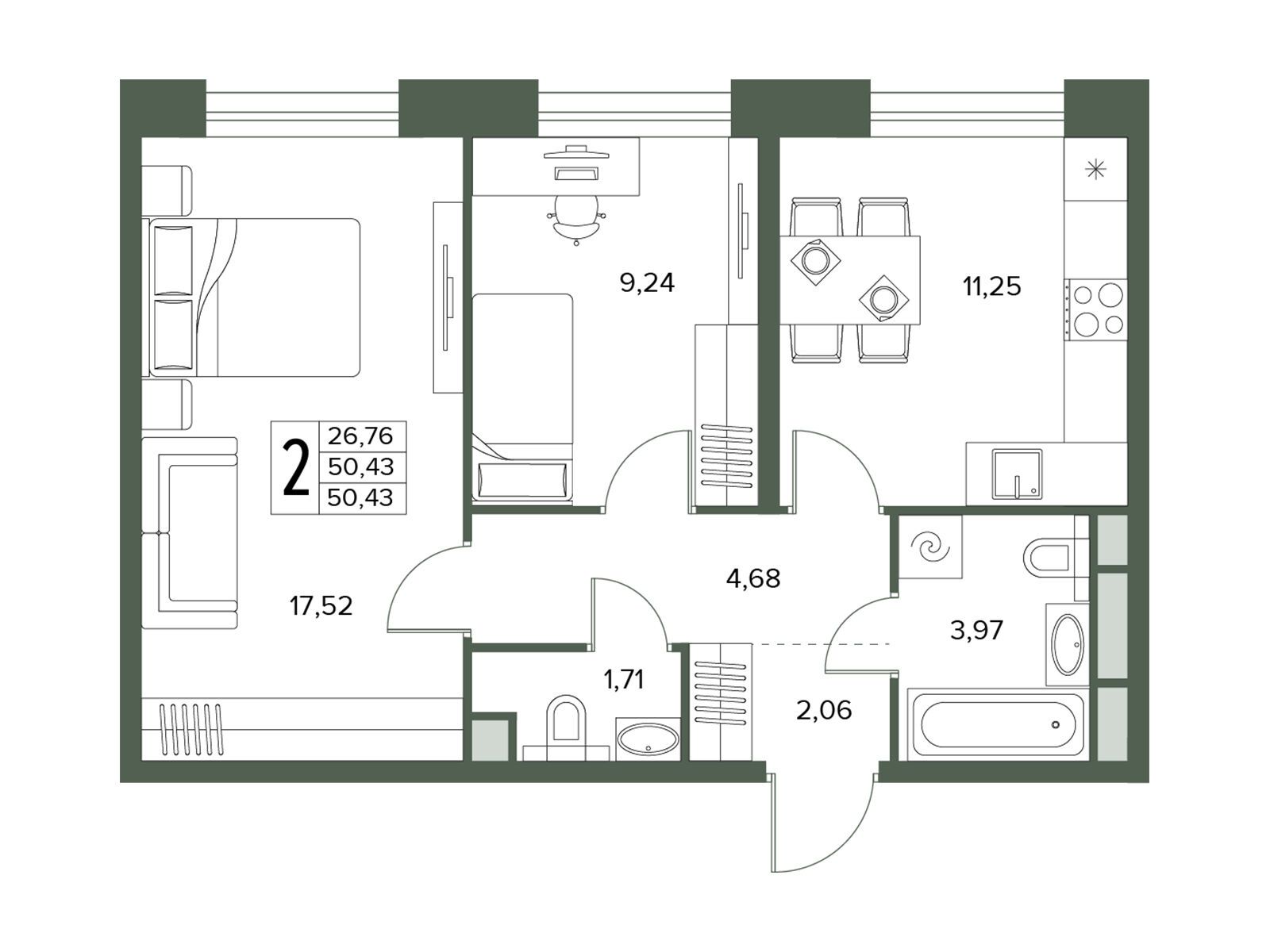 Планировка: 2-комн. квартира 50.43 м² в новостройке Городской бор