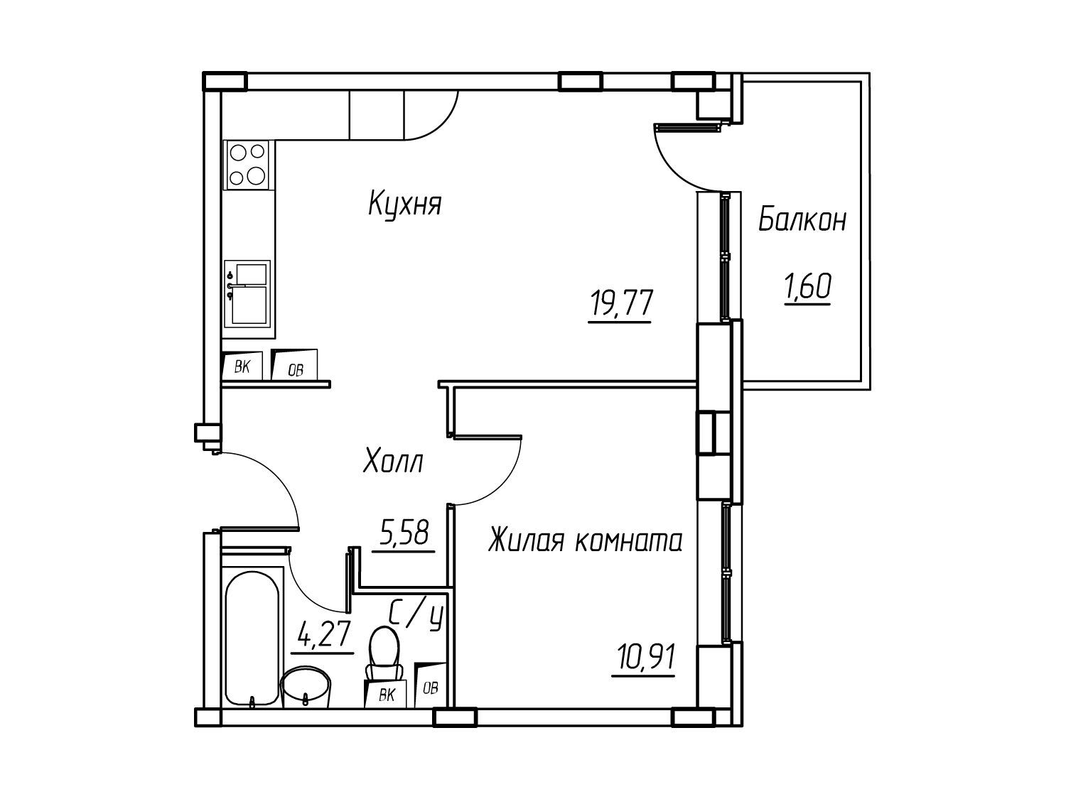 Планировка: 1-комн. квартира 42.10 м² в новостройке Ангелово-Резиденц