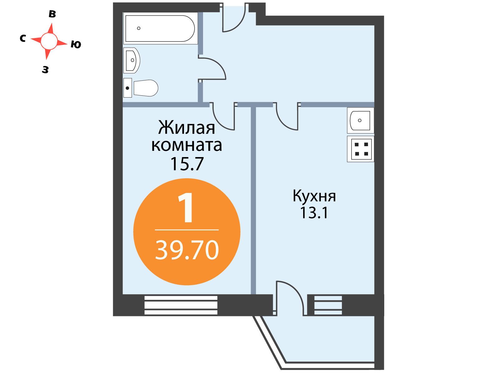 Планировка: 1-комн. квартира 39.70 м² в новостройке Аннинский парк