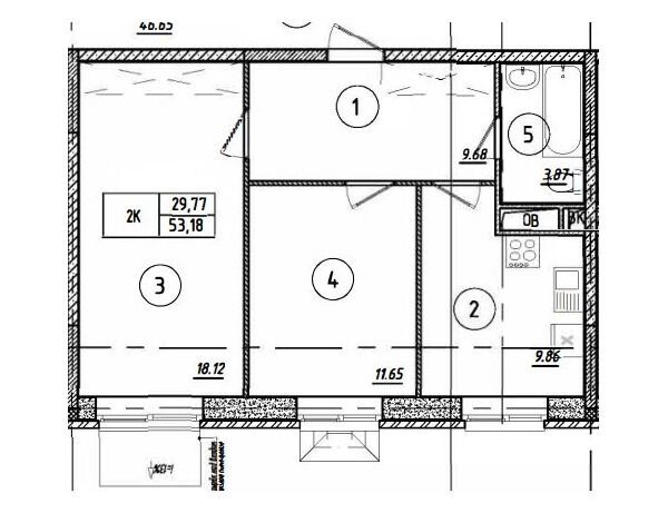 Планировка: 2-комн. квартира 53.18 м² в новостройке Парковый