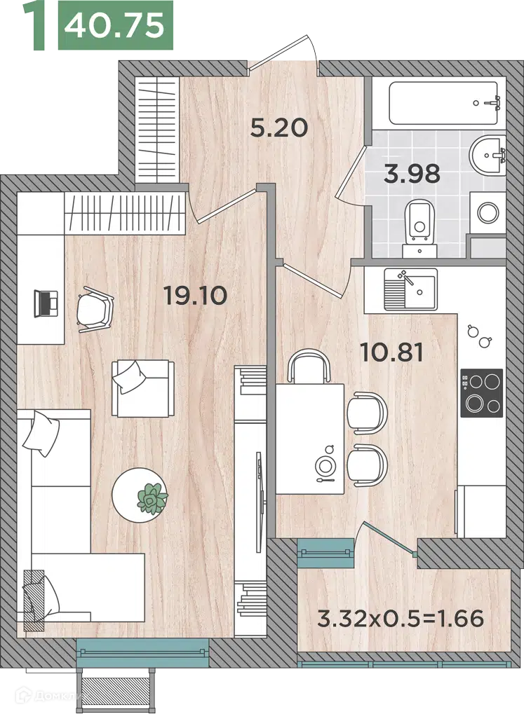 Планировка: 1-комн. квартира 40.75 м² в новостройке Сады у моря