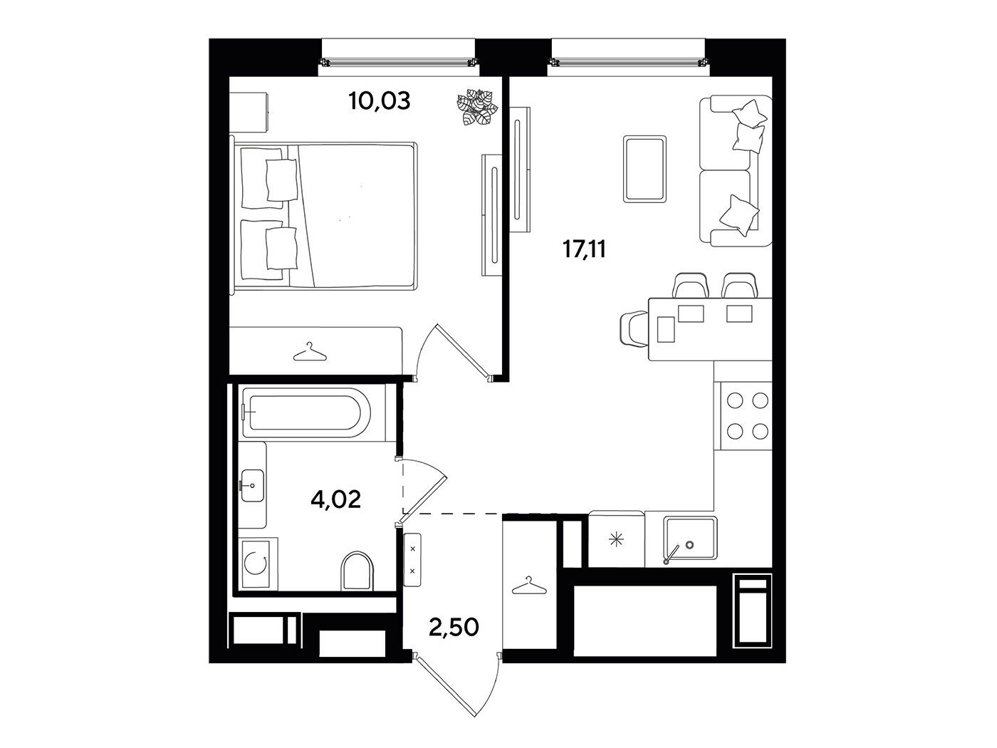 Планировка: 1-комн. квартира 33.66 м² в новостройке Догма Юкки 2