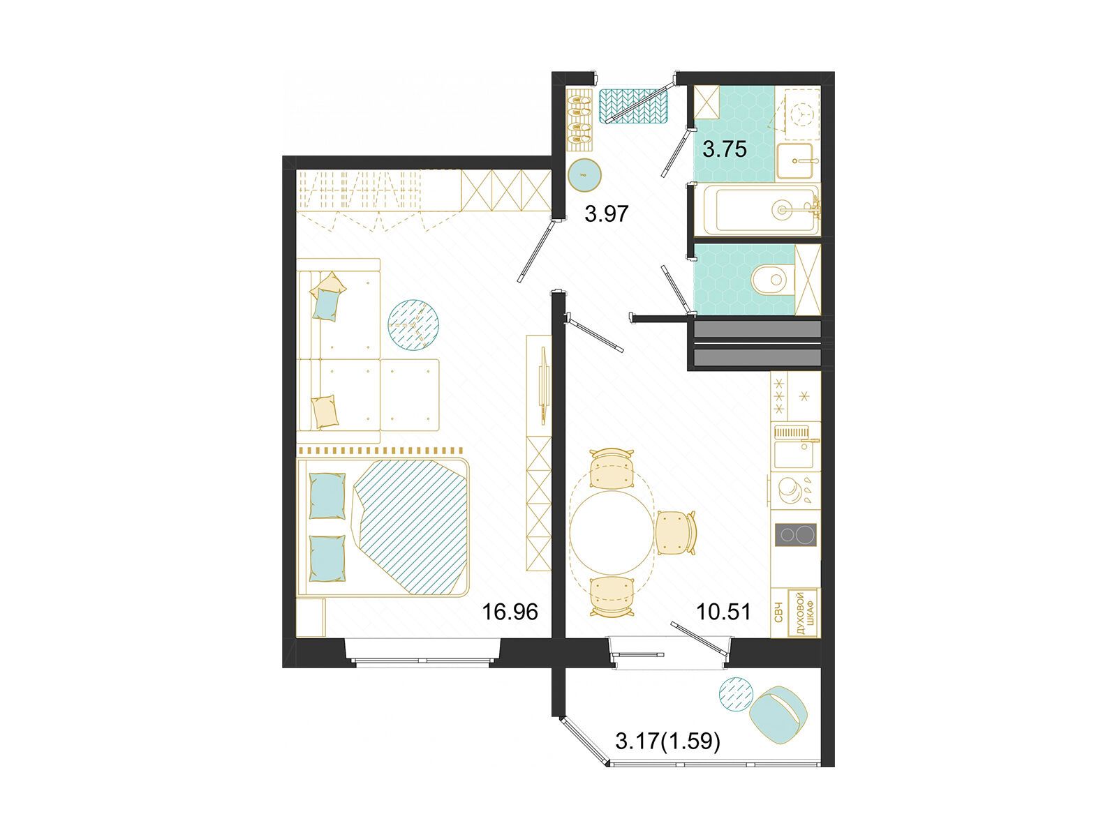 Планировка: 1-комн. квартира 36.78 м² в новостройке Оптима на Текстильщиков