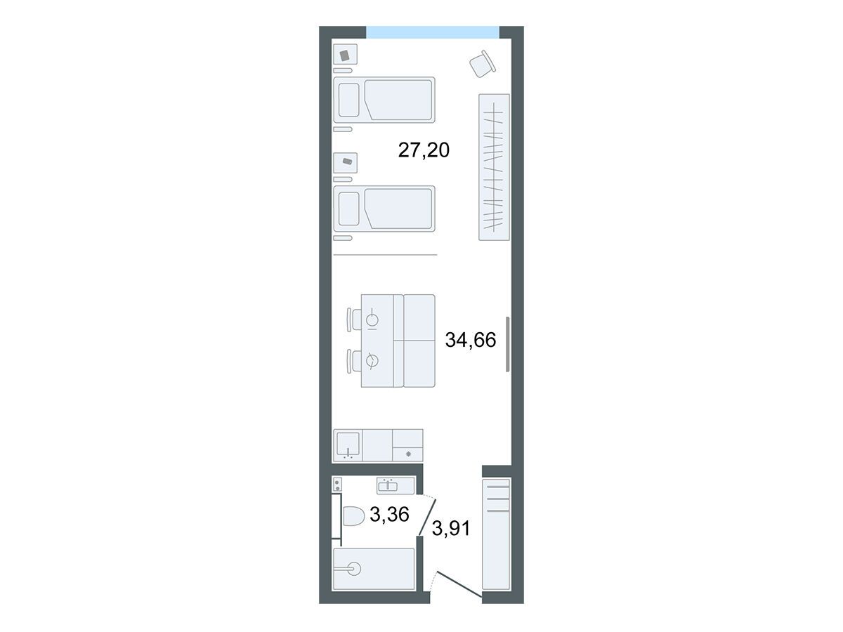 Планировка: Студия 34.66 м² в новостройке Лайф Апарт Октябрьская