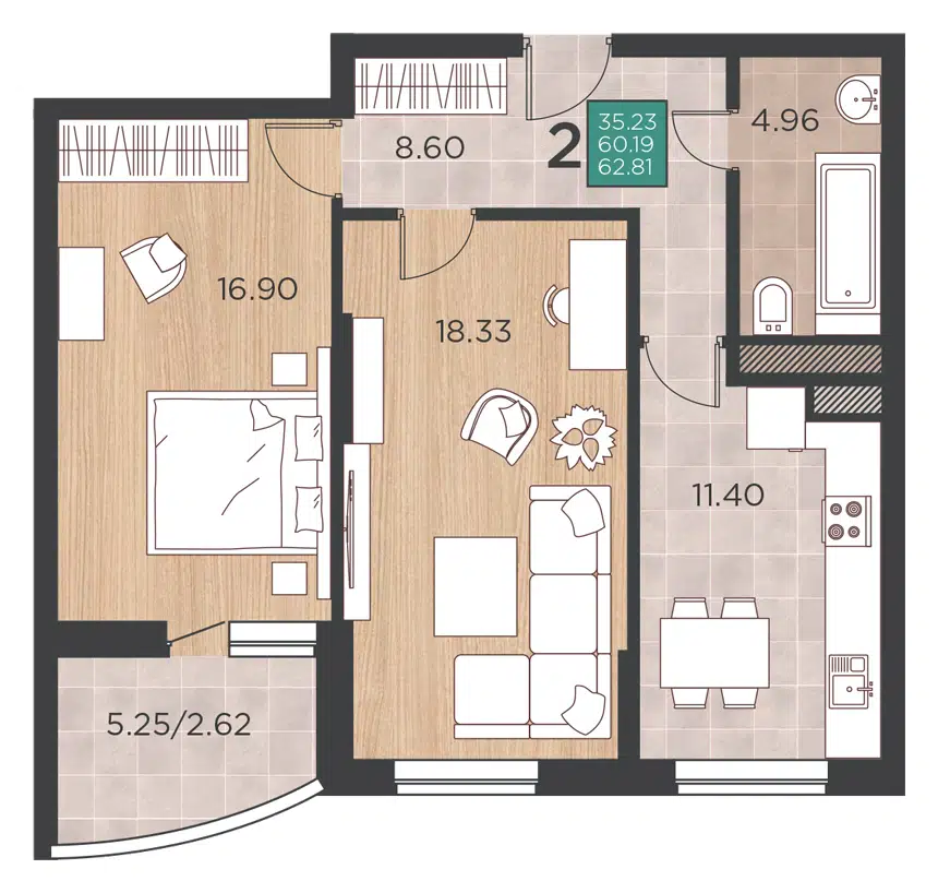 Планировка: 2-комн. квартира 62.82 м² в новостройке ЖК Россинский парк
