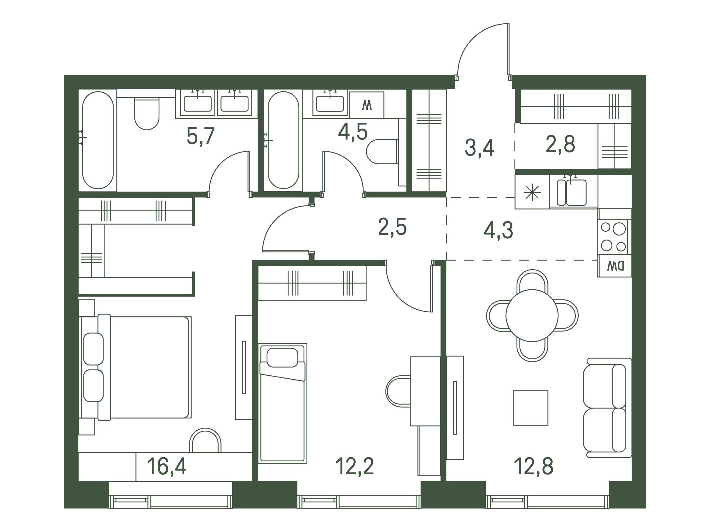 Планировка: 2-комн. квартира 64.60 м² в новостройке ЖК Моментс
