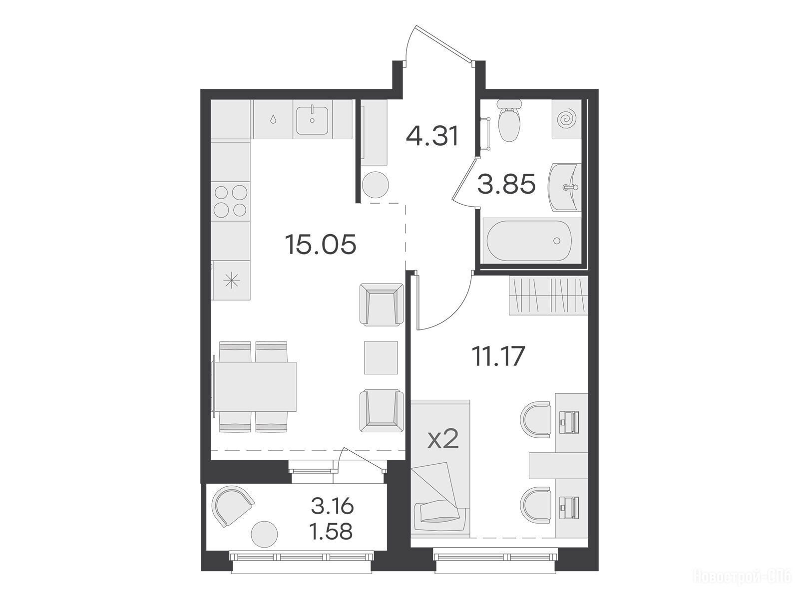 Планировка: 1-комн. квартира 35.60 м² в новостройке Глоракс Парголово