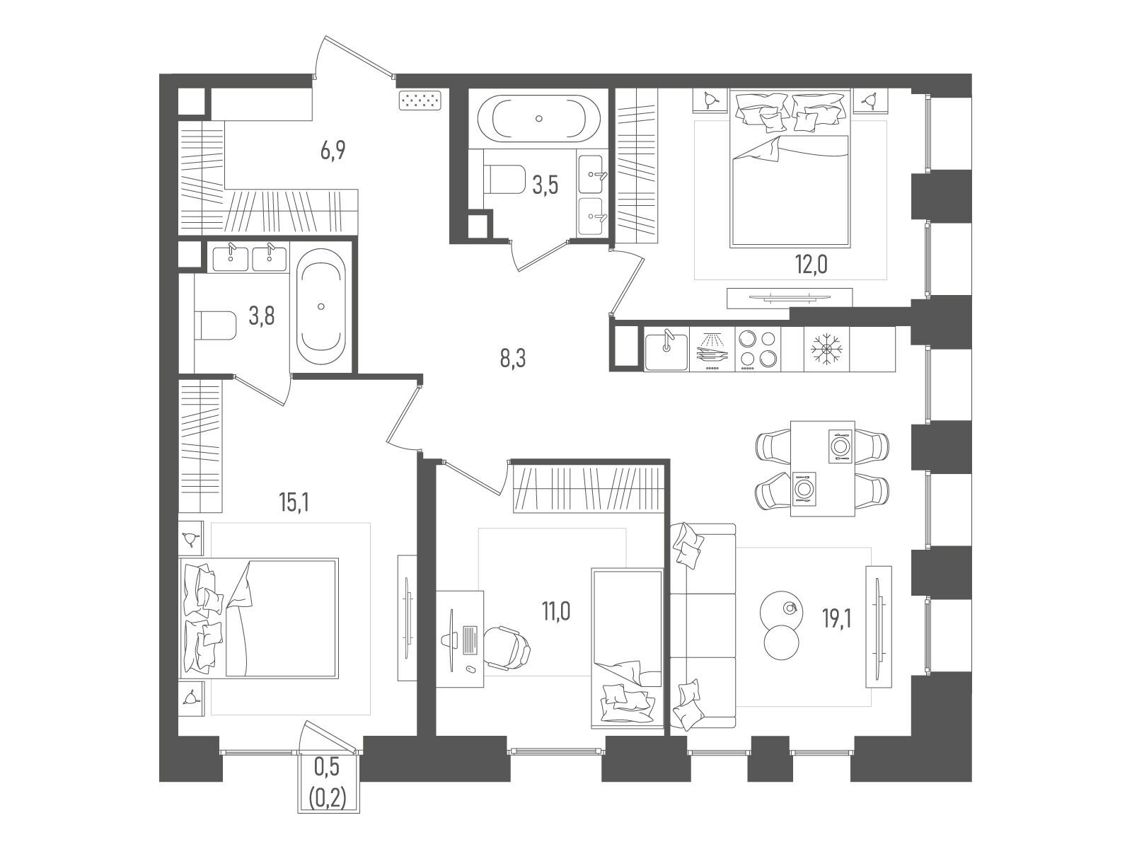 Планировка: 3-комн. квартира 80.00 м² в новостройке Пейв