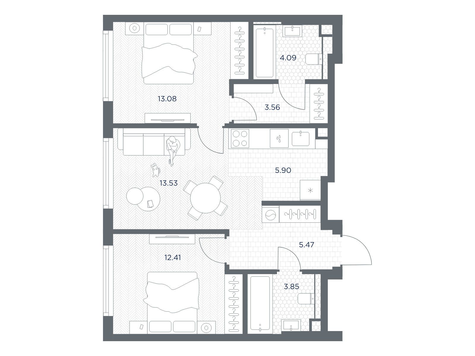 Планировка: 2-комн. квартира 61.89 м² в новостройке Тейт