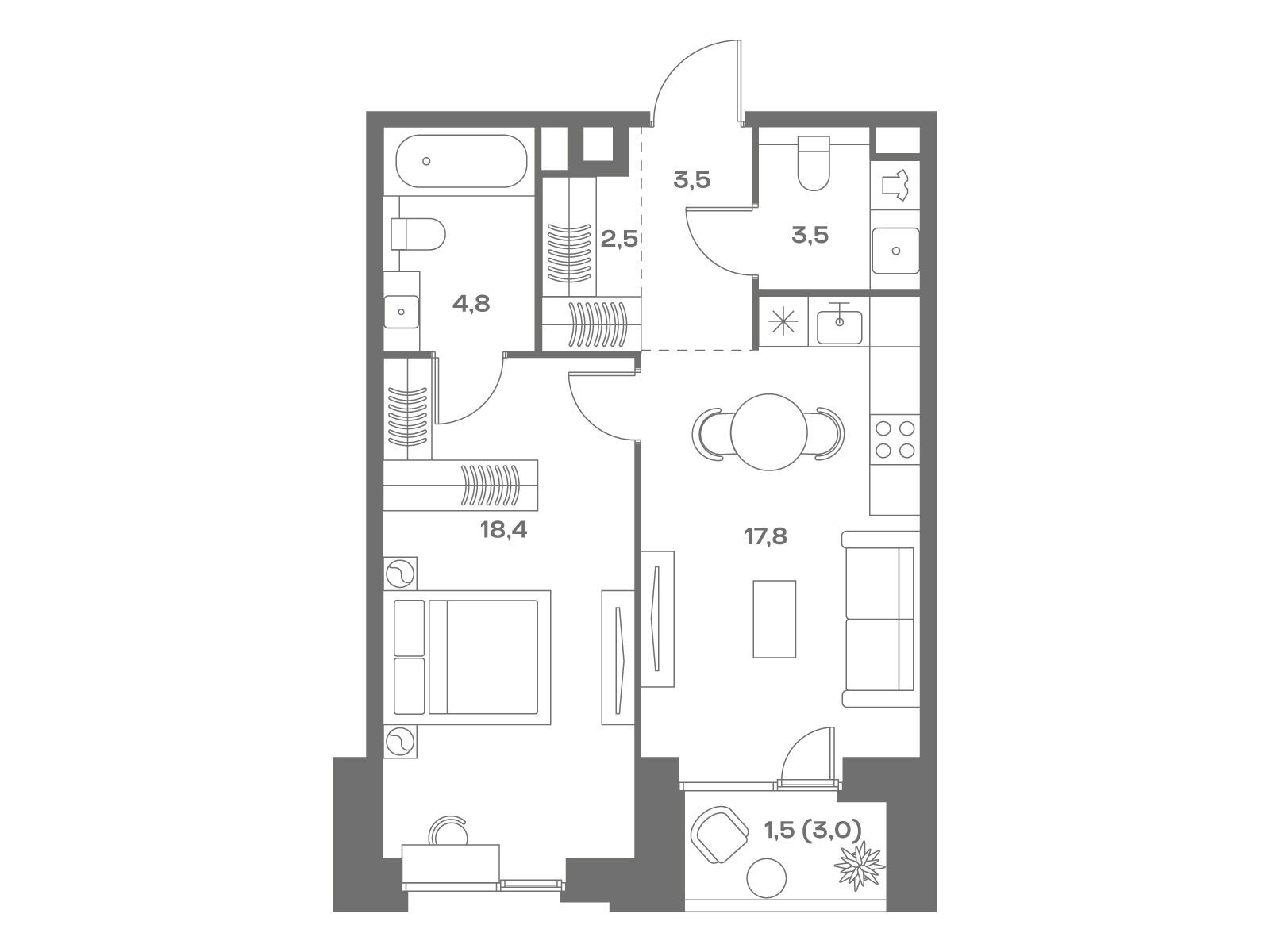 Планировка: 1-комн. квартира 52.00 м² в новостройке Соул