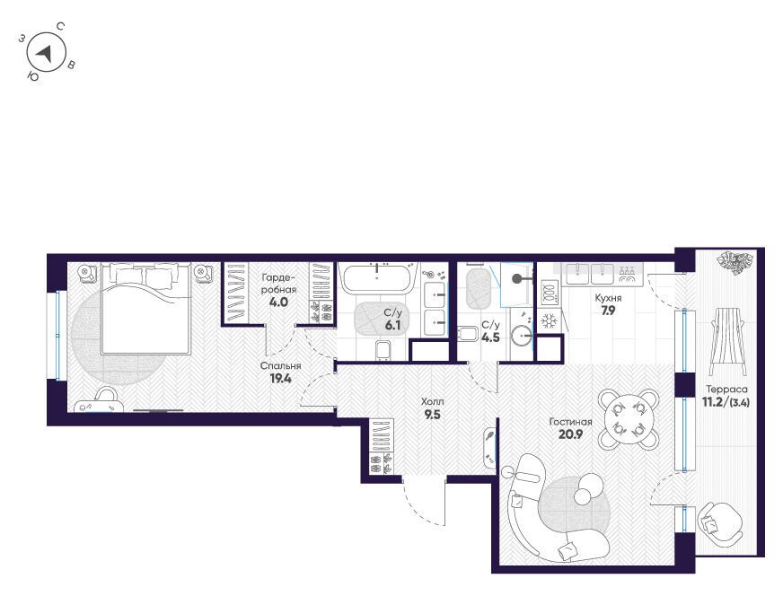 Планировка: 2-комн. квартира 75.70 м² в новостройке ЛДМ