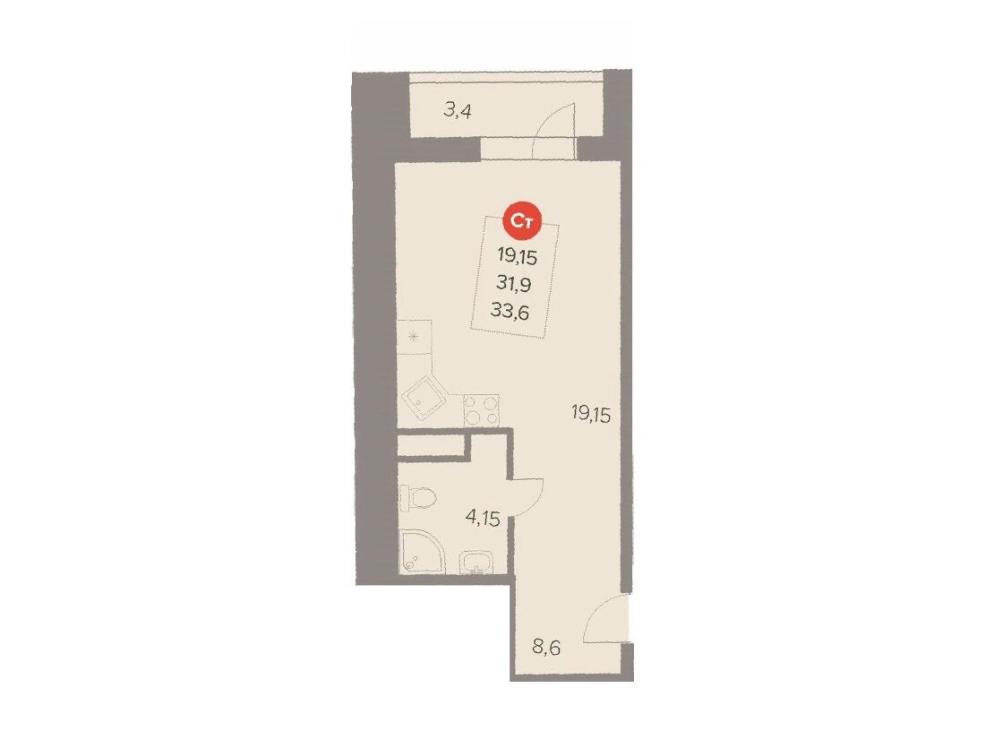 Планировка: Студия 33.60 м² в новостройке Отлично