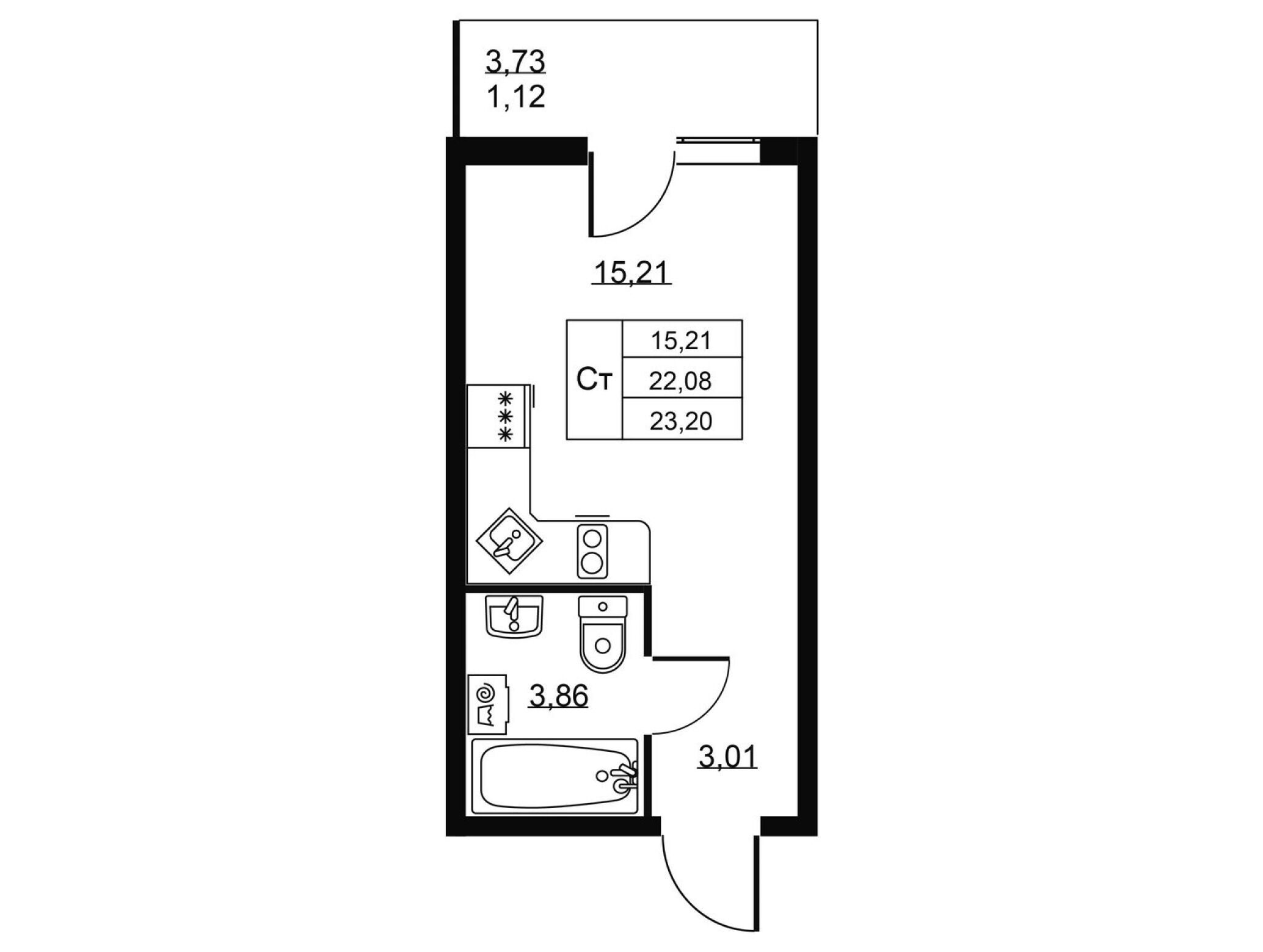 Планировка: Студия 23.20 м² в новостройке Пулковское, 34