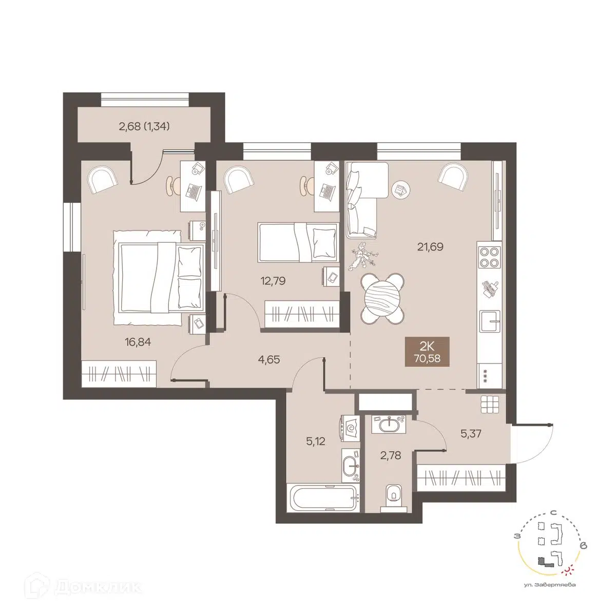 Планировка: 2-комн. квартира 70.58 м² в новостройке Заря на Завертяева