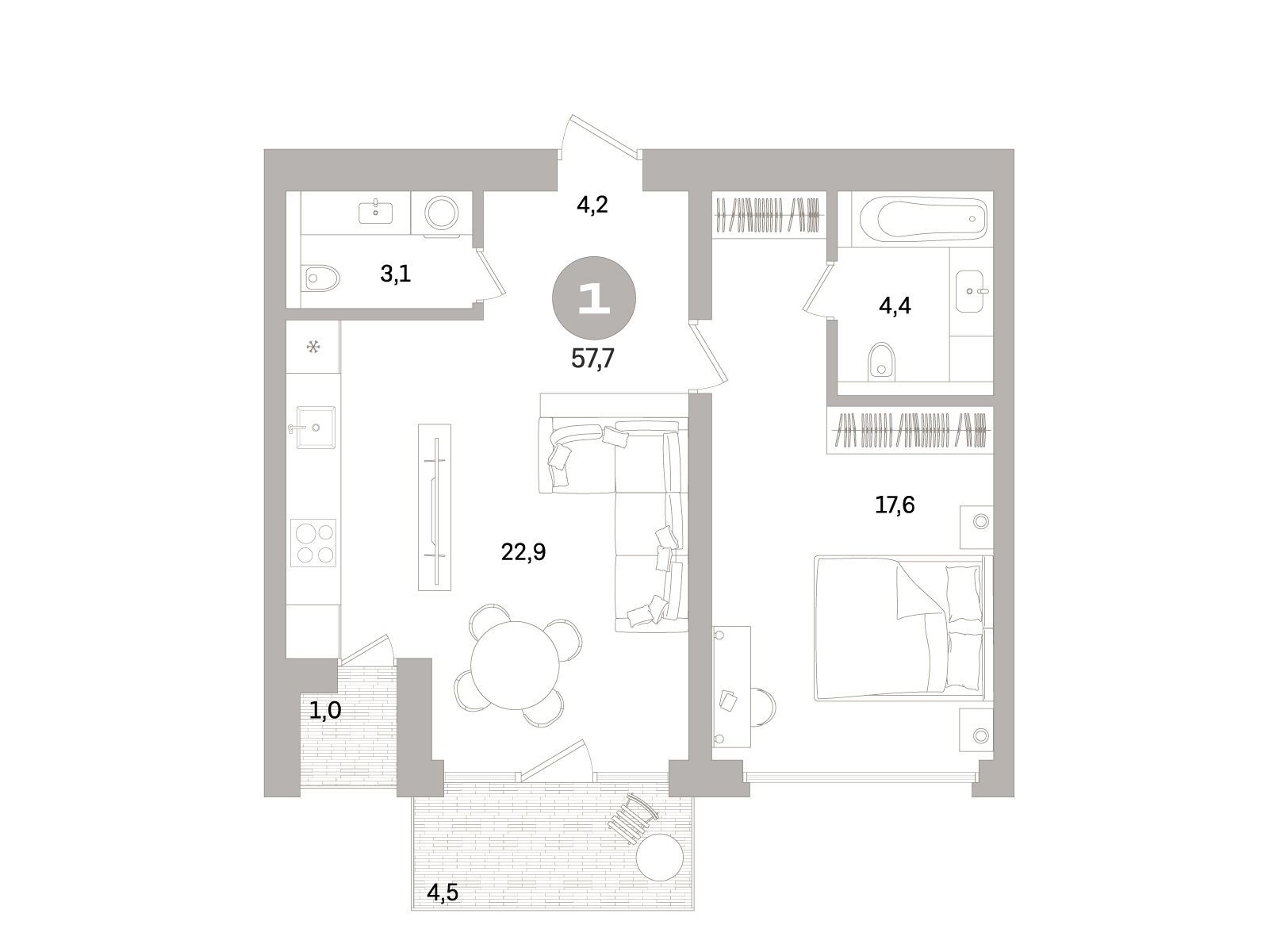 Планировка: 1-комн. квартира 57.70 м² в новостройке Северный ветер