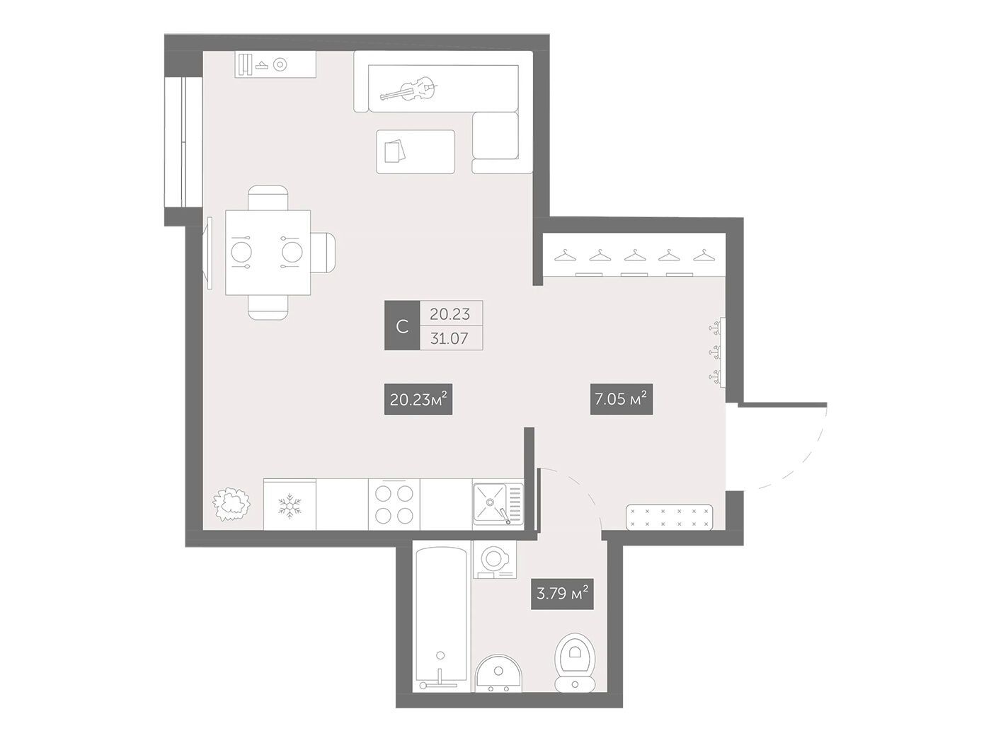 Планировка: Студия 32.10 м² в новостройке Зум Черная речка