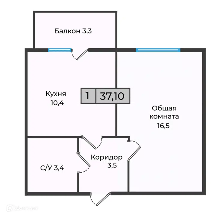 Планировка: 1-комн. квартира 37.10 м² в новостройке Станция Спортивная