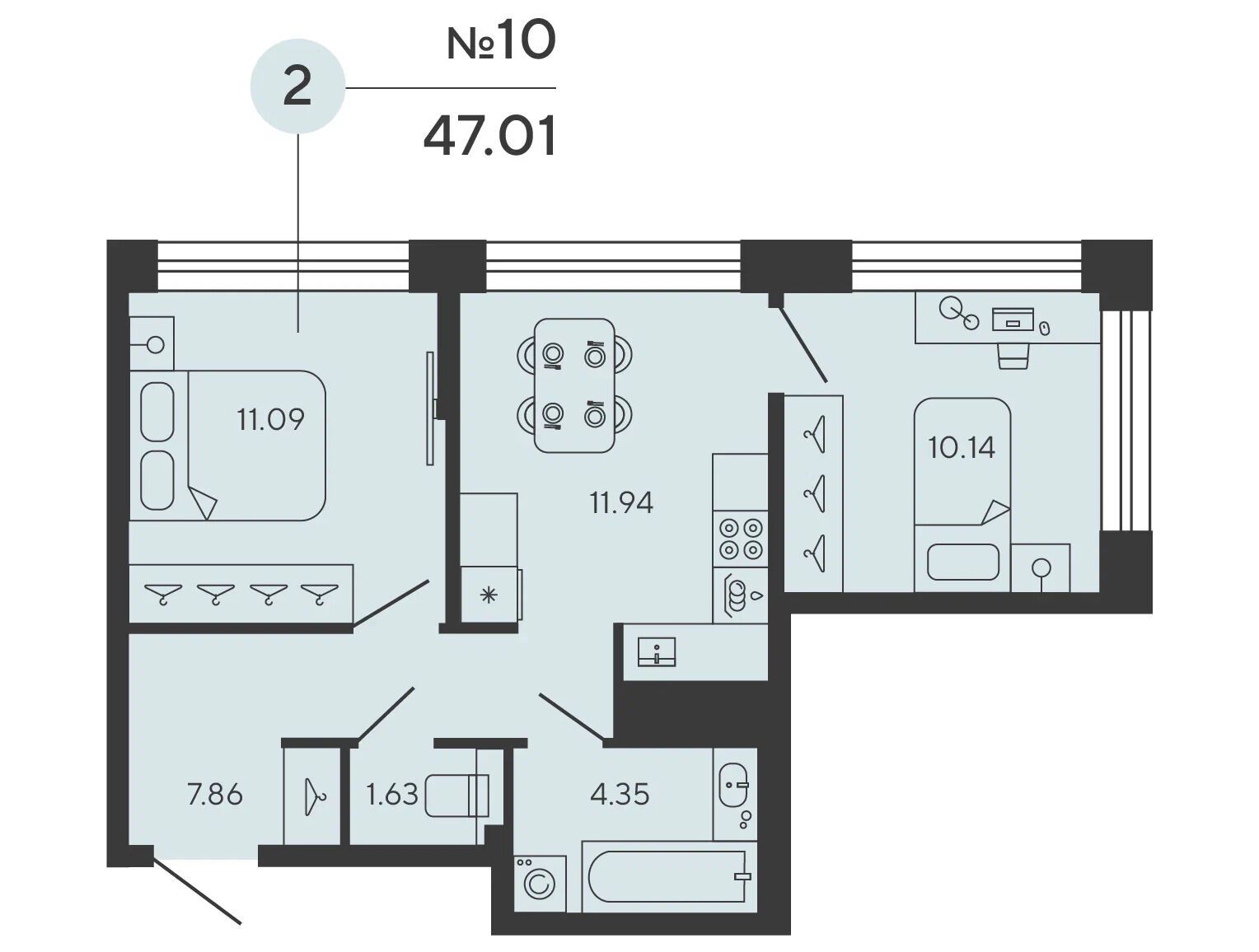 Планировка: 2-комн. квартира 47.01 м² в новостройке Башни Элемент