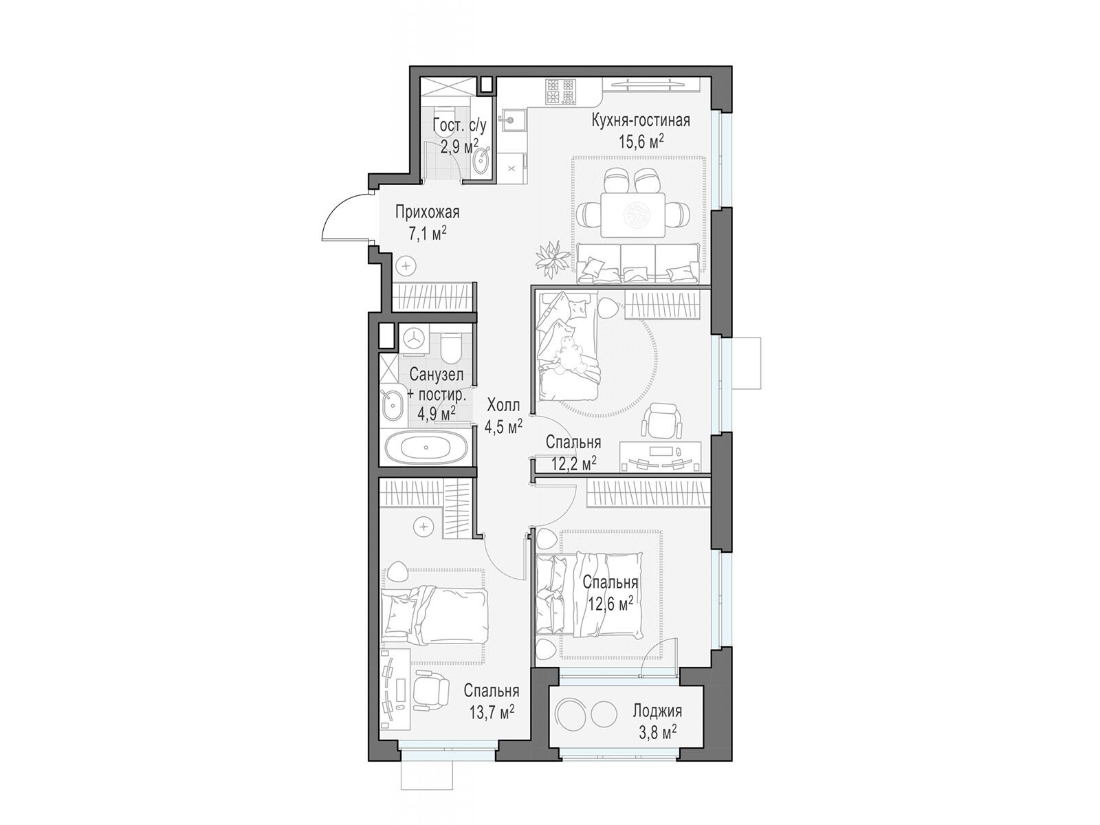 Планировка: 3-комн. квартира 73.00 м² в новостройке Новое Медведково