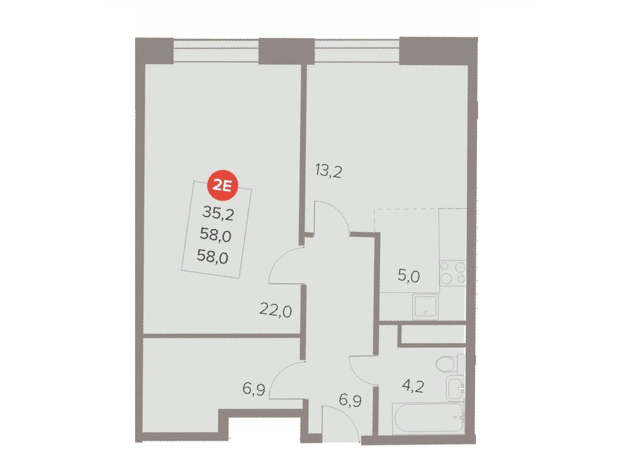 Планировка: 2-комн. квартира 58.20 м² в новостройке Отлично