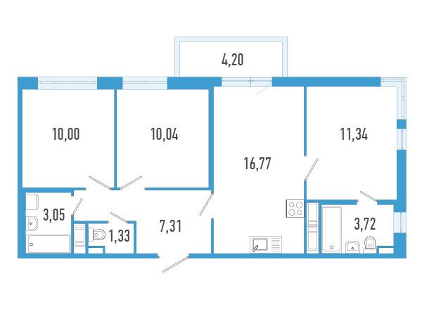 Планировка: 3-комн. квартира 64.82 м² в новостройке Аэросити