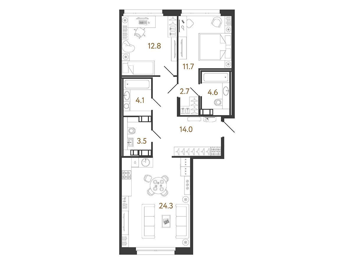 Планировка: 2-комн. квартира 77.70 м² в новостройке Куинджи