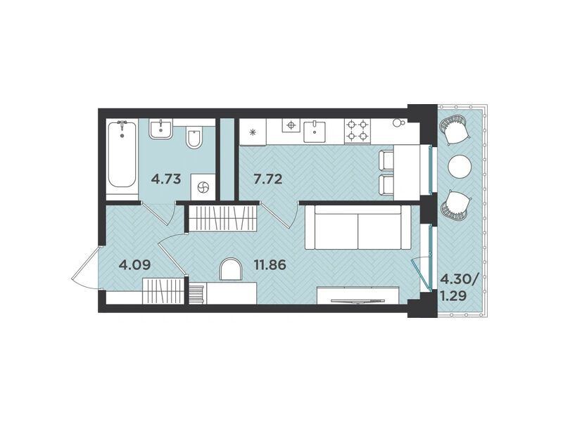 Планировка: 1-комн. квартира 29.69 м² в новостройке Новокасимово