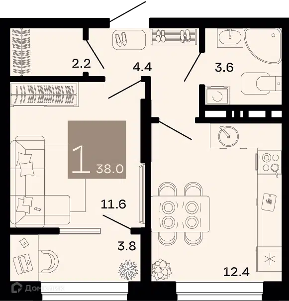 Планировка: 1-комн. квартира 34.20 м² в новостройке Хозяин морей