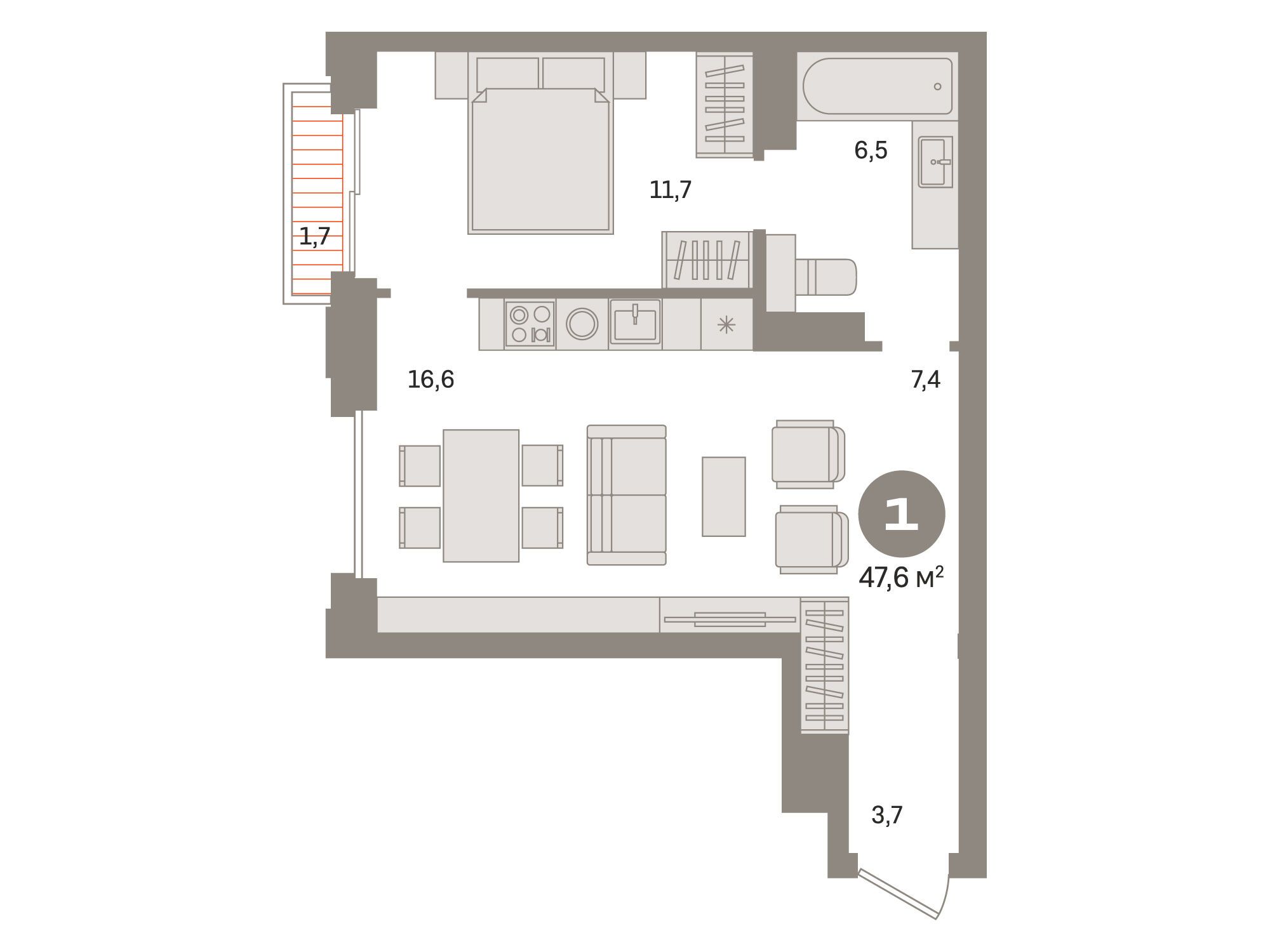 Планировка: 1-комн. квартира 47.60 м² в новостройке Монс