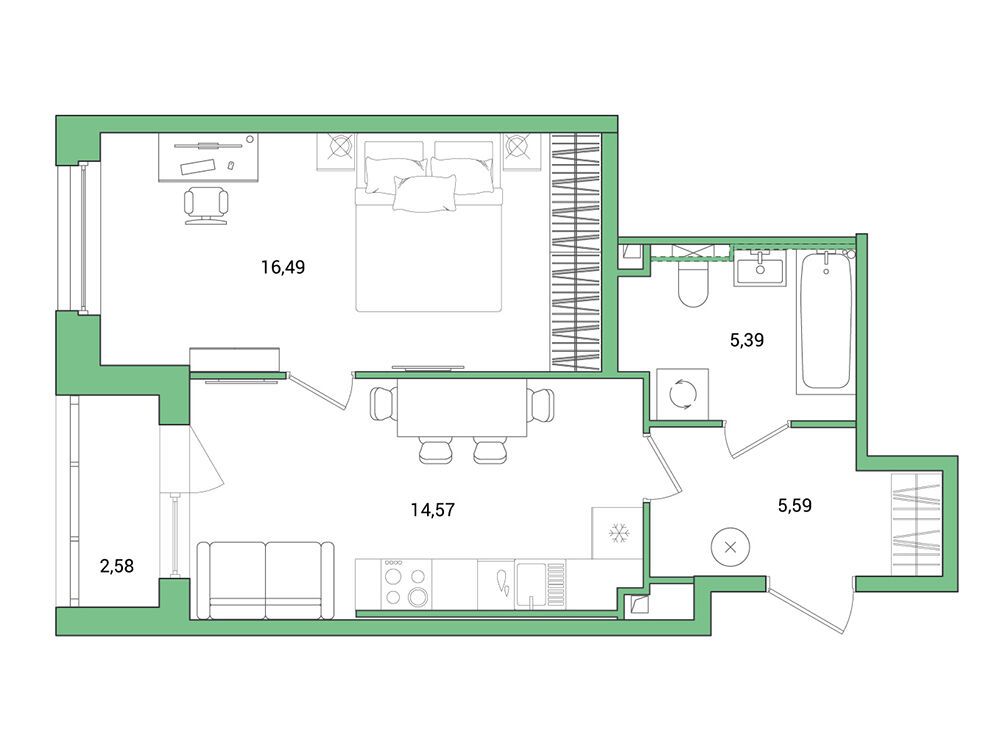 Планировка: 1-комн. квартира 43.33 м² в новостройке Окла