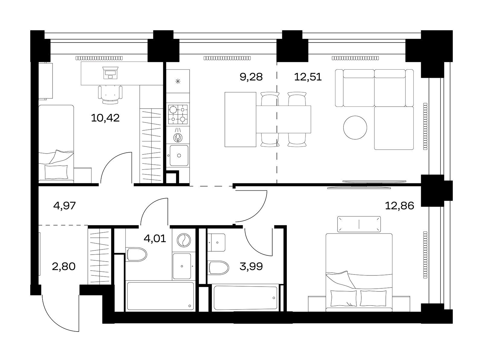 Планировка: 2-комн. квартира 60.84 м² в новостройке Нова