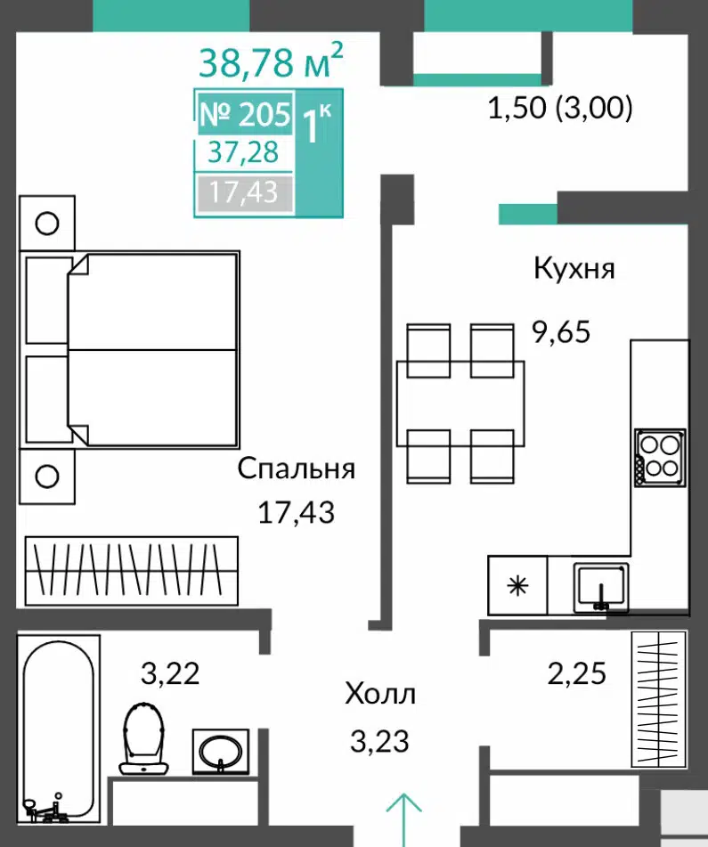 Планировка: 1-комн. квартира 37.28 м² в новостройке ЖК Единство
