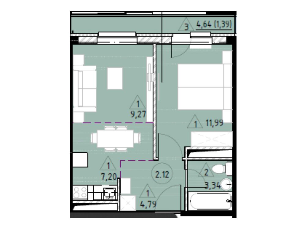 Планировка: 2-комн. квартира 37.98 м² в новостройке Горки Марусино