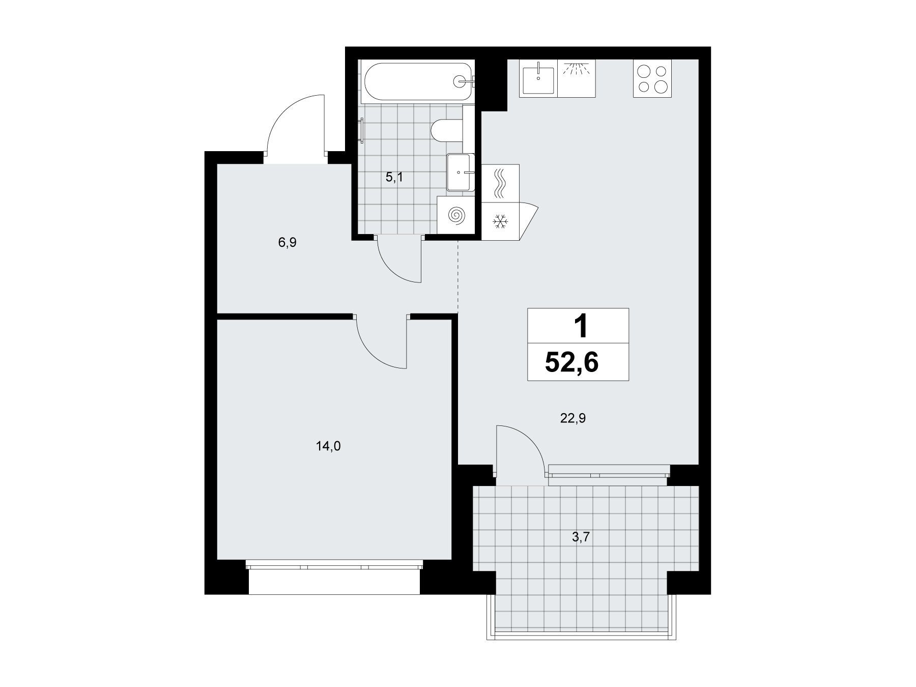 Планировка: 1-комн. квартира 52.60 м² в новостройке Хольм