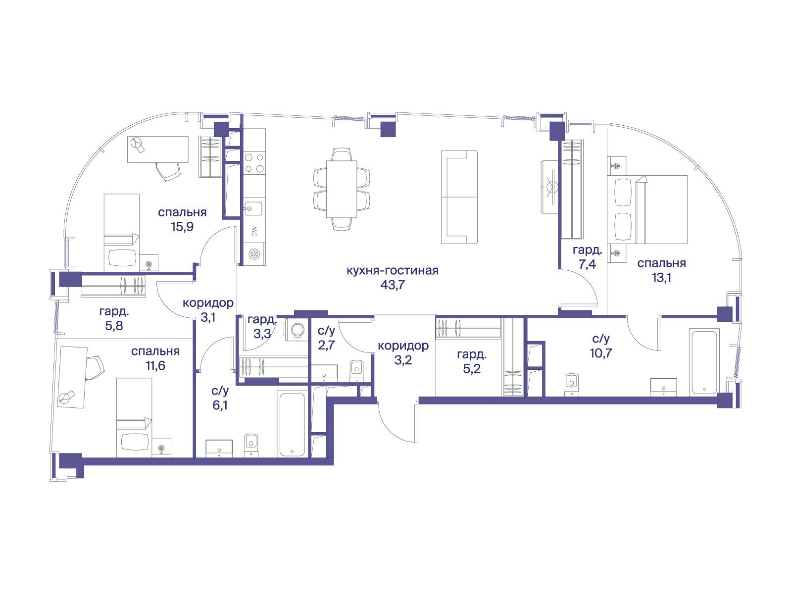 Планировка: 3-комн. квартира 131.80 м² в новостройке Начало
