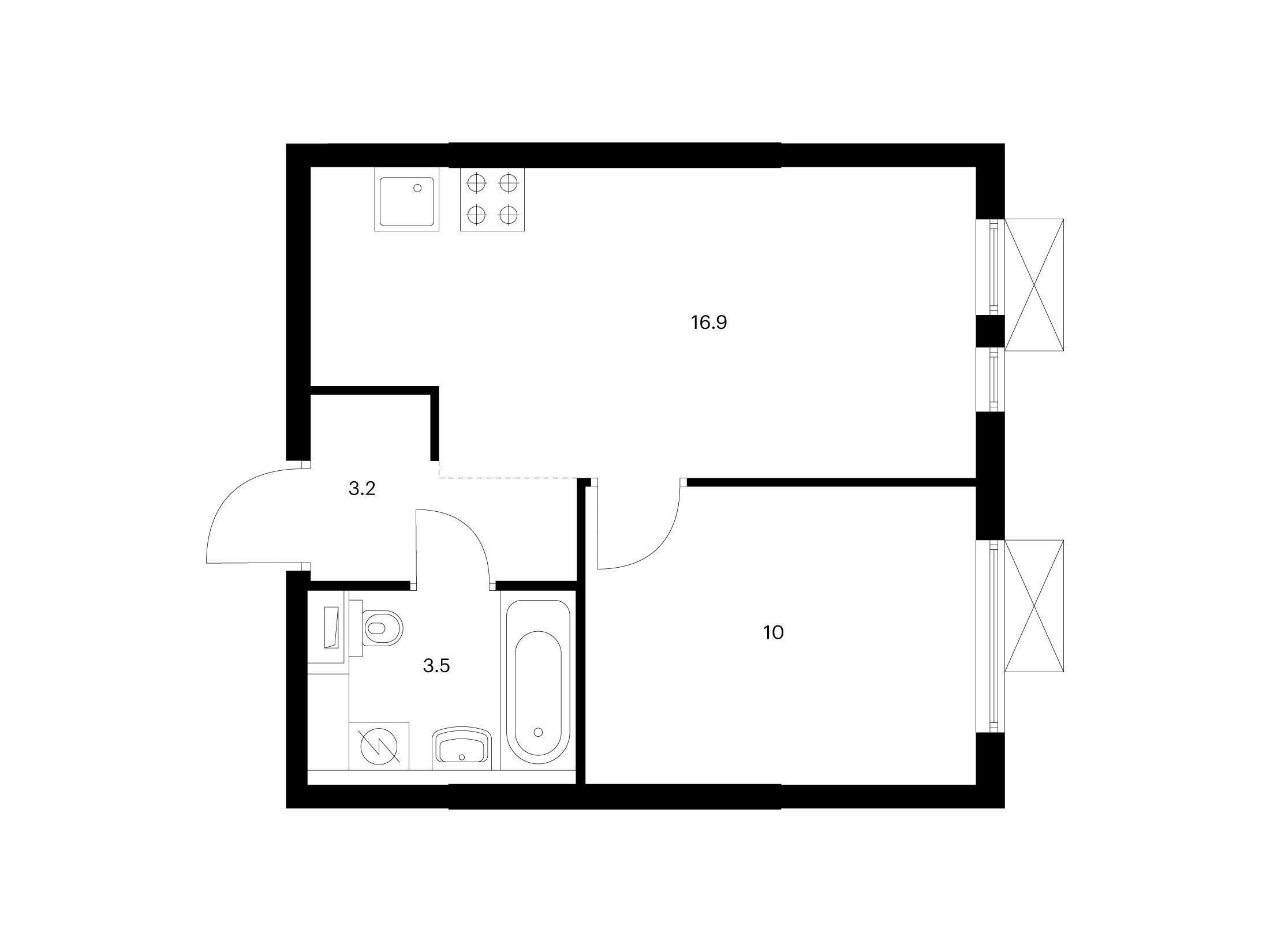 Планировка: 1-комн. квартира 33.60 м² в новостройке Кузьминский лес