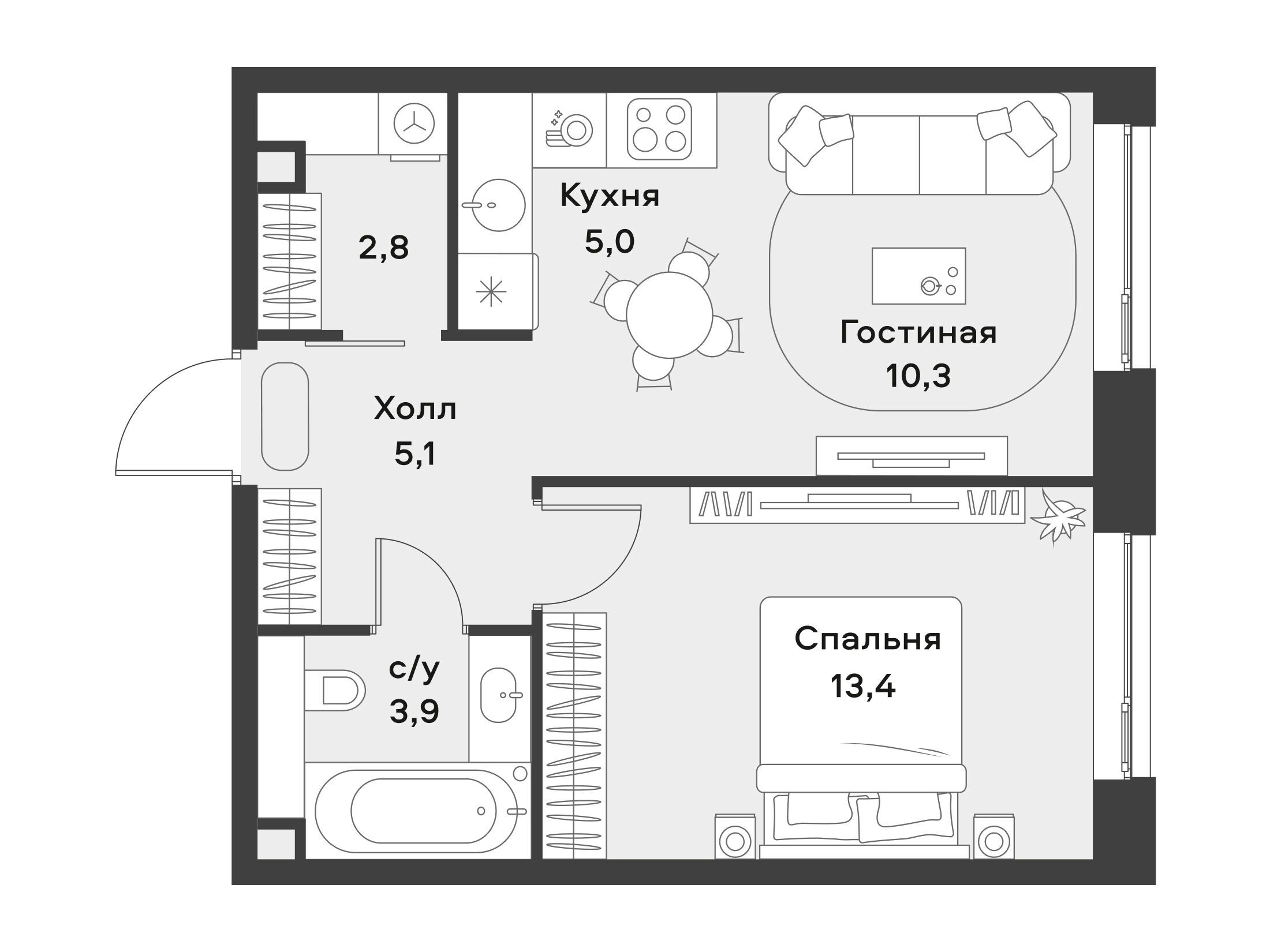 Планировка: 1-комн. квартира 40.40 м² в новостройке Алиа