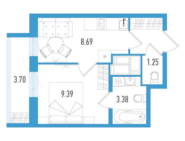 Планировка: 1-комн. квартира 26.37 м² в новостройке ЖК Южный форт