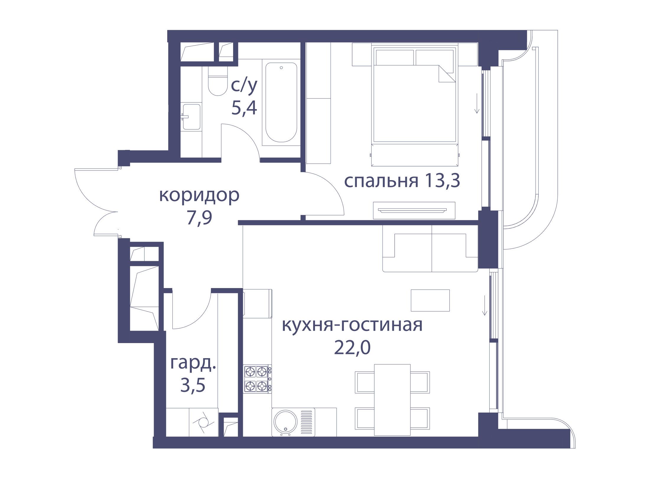 Планировка: 1-комн. квартира 52.10 м² в новостройке Река