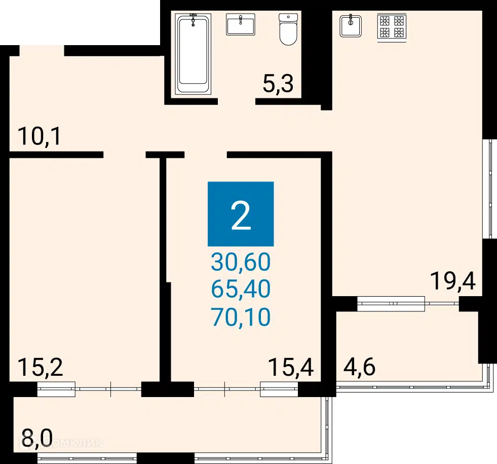 Планировка: 2-комн. квартира 65.40 м² в новостройке Дом по ул Адмирала Пустошкина