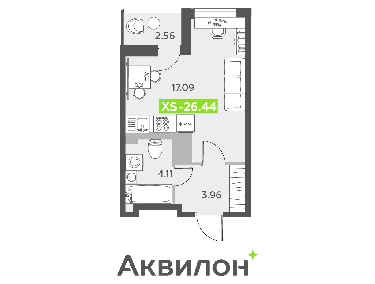 Планировка: Студия 26.70 м² в новостройке Аквилон олл ин 3.0