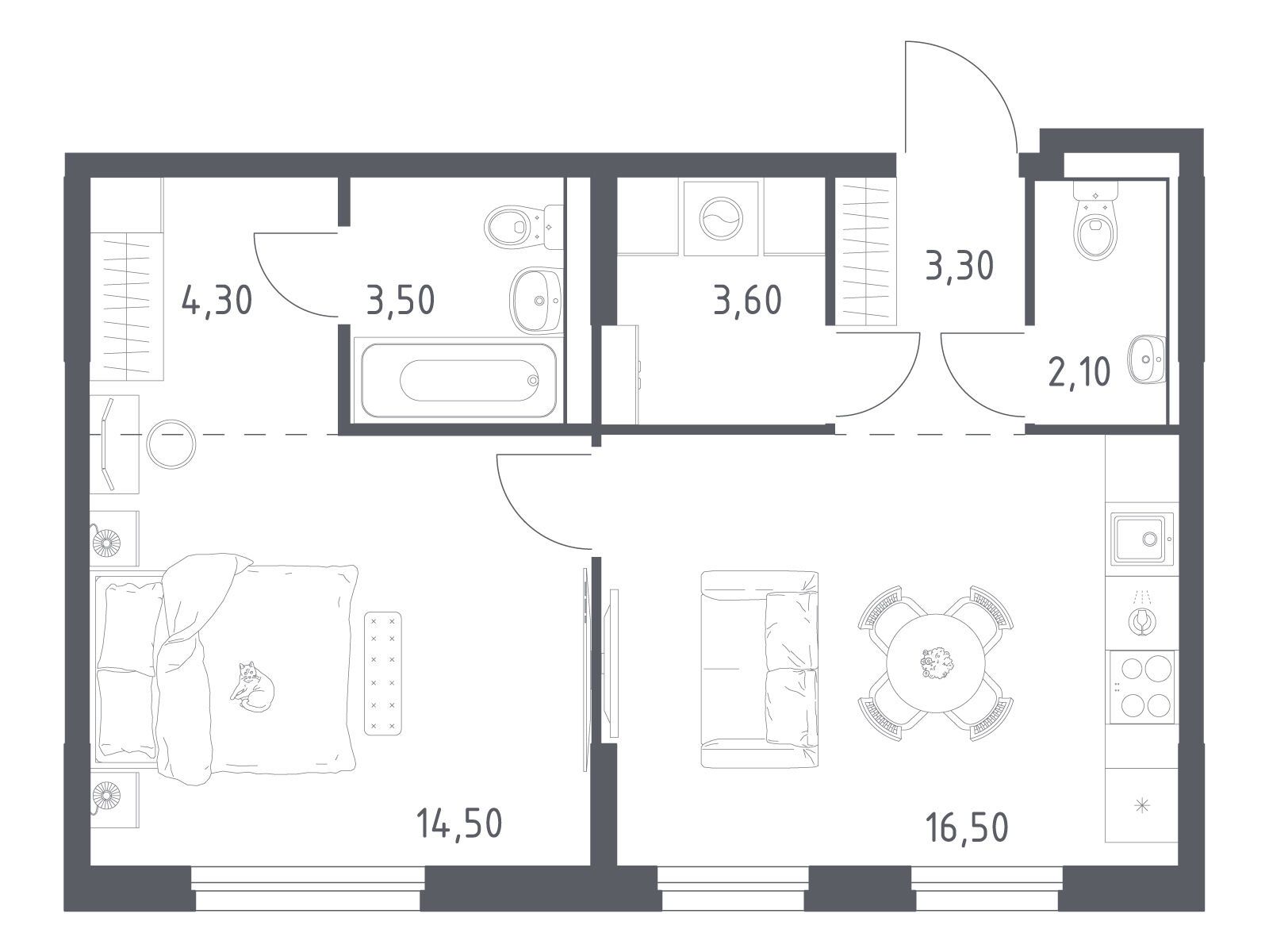 Планировка: 1-комн. квартира 47.80 м² в новостройке Химки парк