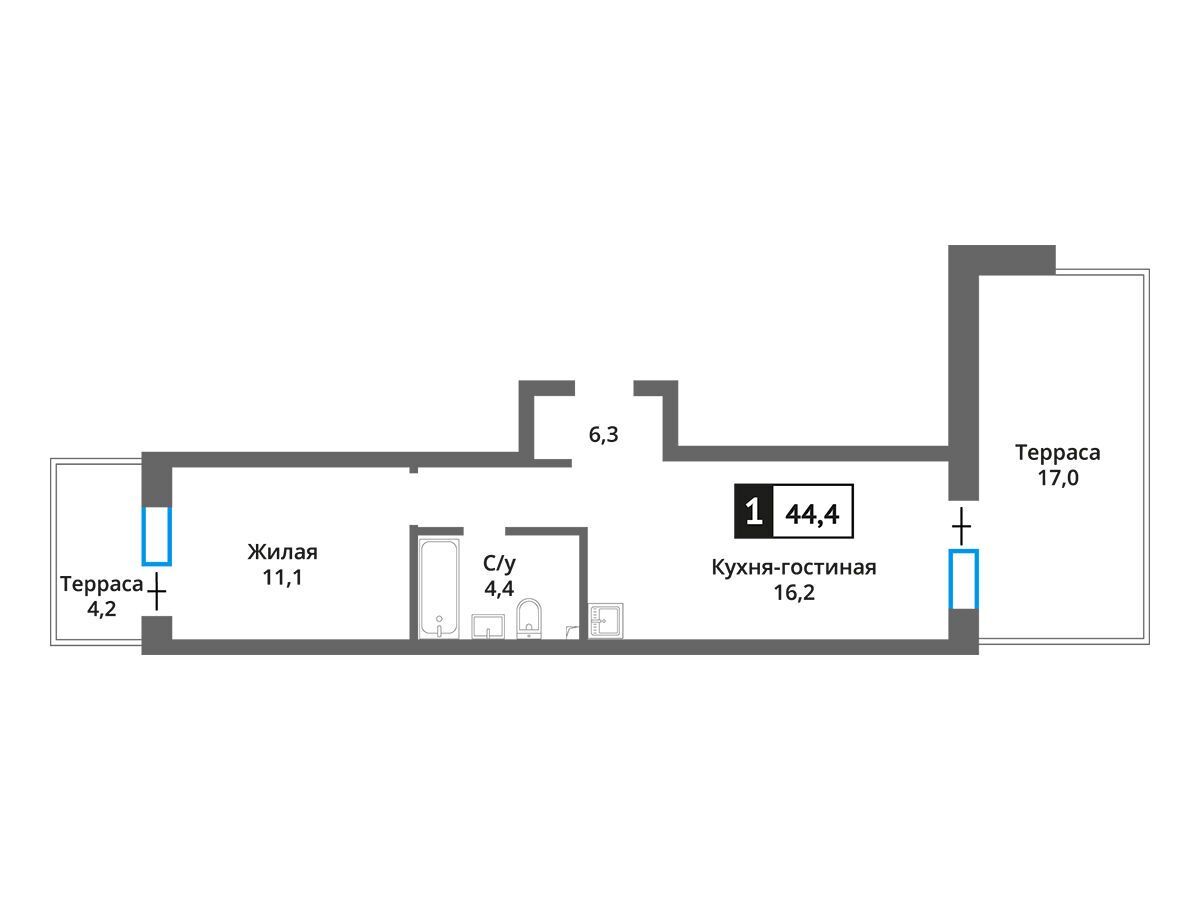 Планировка: 1-комн. квартира 38.80 м² в новостройке Никольский квартал Отрада