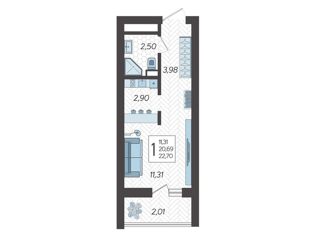 Планировка: Студия 23.30 м² в новостройке ЖК Кислород