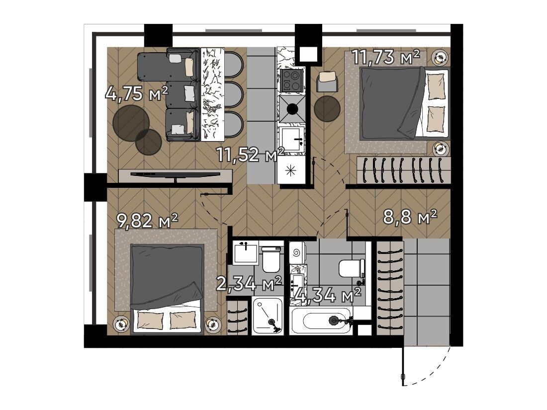 Планировка: 2-комн. квартира 53.30 м² в новостройке Серебряный бор