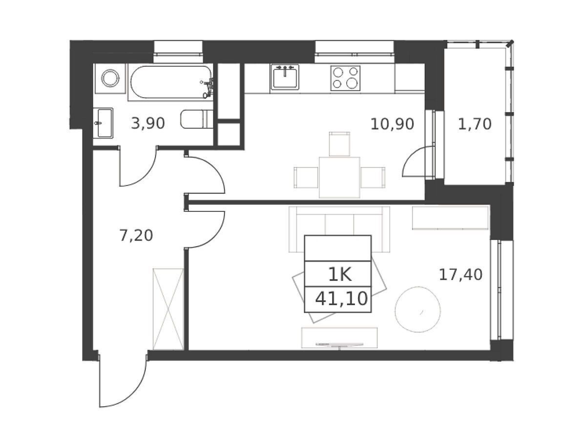 Планировка: 1-комн. квартира 41.10 м² в новостройке Октябрьский