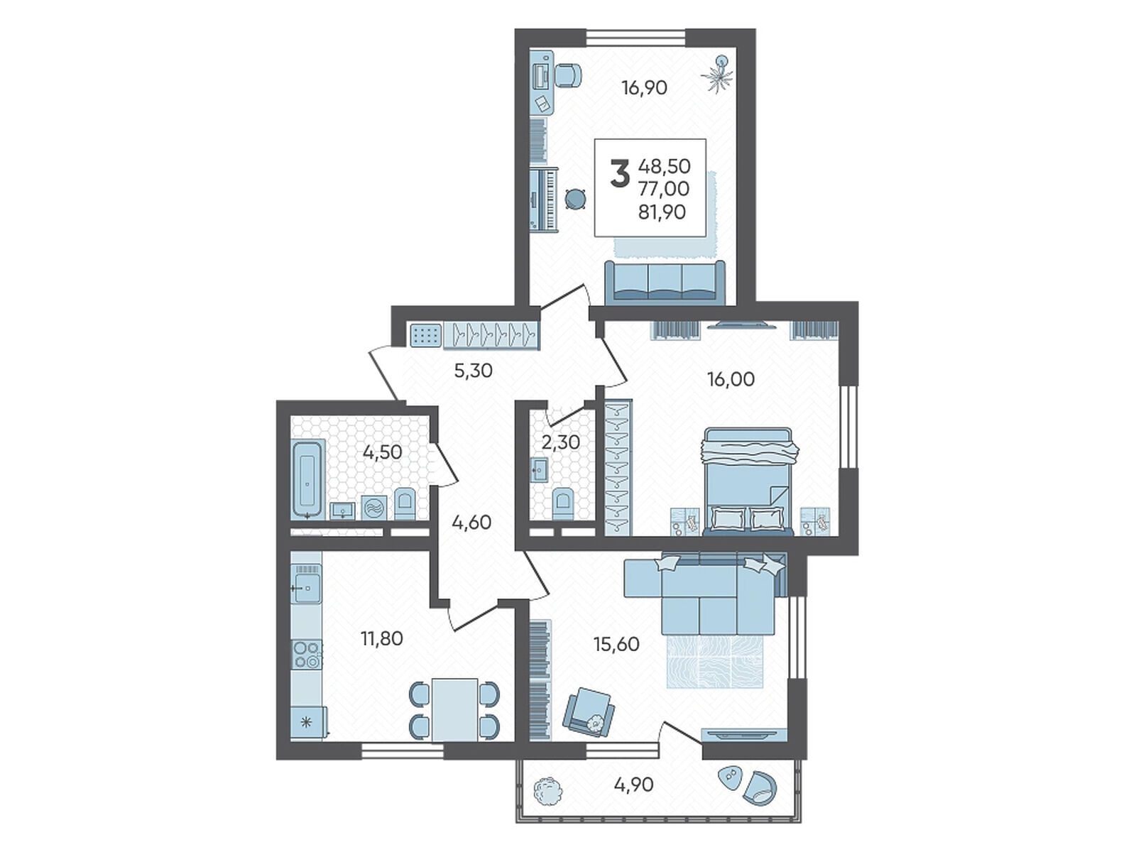 Планировка: 3-комн. квартира 81.90 м² в новостройке Горный квартал
