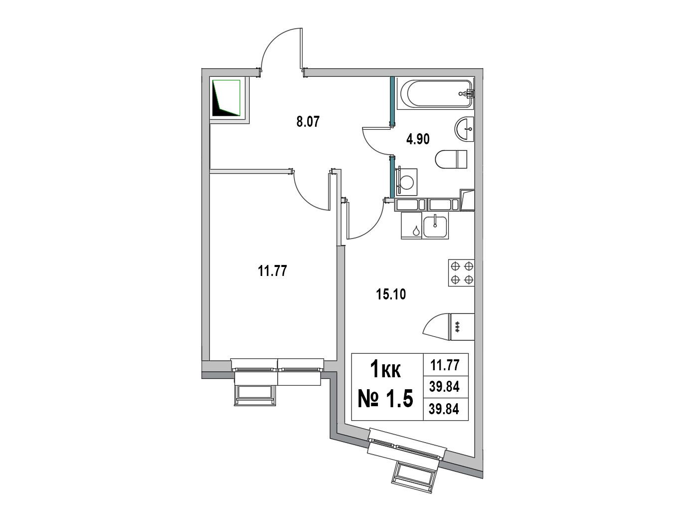 Планировка: 1-комн. квартира 39.84 м² в новостройке Новый город