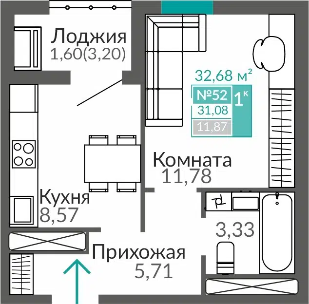 Планировка: 1-комн. квартира 31.08 м² в новостройке ЖК Горизонты-3